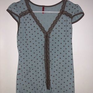 Blue and Brown Polkadot and Lace Top